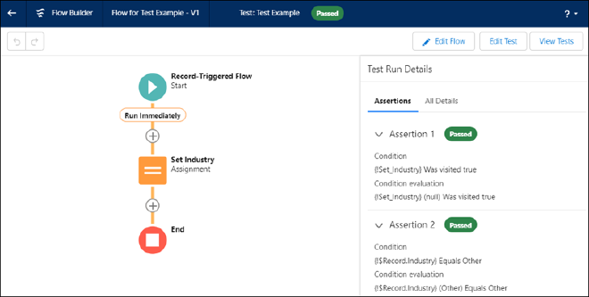 A successful flow test executed in Salesforce UI