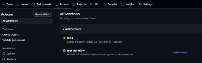 Actions tab in GitHub with a running workflow titled 0.0.1