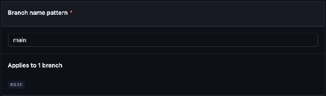 New branch protection in GitHub repository settings with branch name pattern of “main”