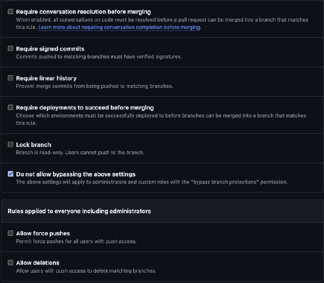 Options for branch protections with “Do not allow bypassing” selected