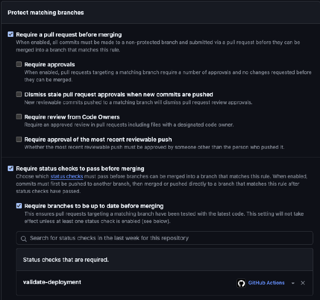 Options for branch protection in GitHub with “Require a pull request” and “Require status check” selected