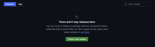 Empty releases page in GitHub with a button to create a new release