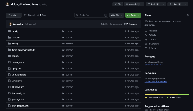 GitHub repository with an initial commit of Salesforce metadata