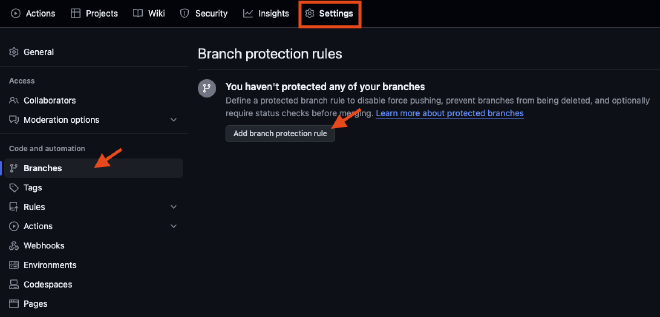 GitHub repository settings with branches selected