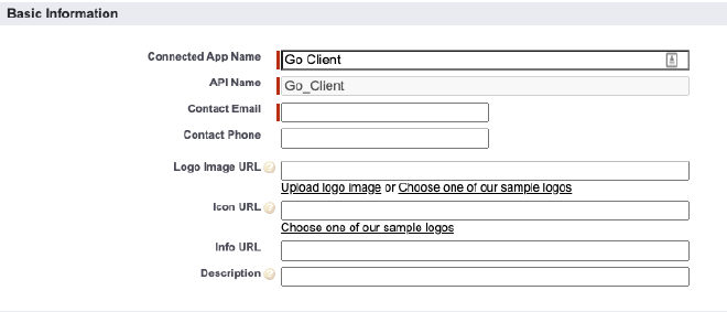 Connected app with basic details information filled out out