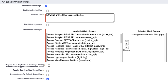 Connected app with API details filled out out